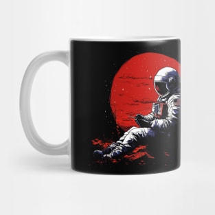 astronaut with a mobile phone sitting on the top of a hill Mug